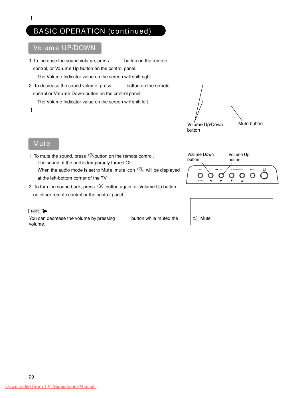 Hitachi 32LD9000TA, 26LD9000TA user manual Basic Operation, Volume UP/DOWN, Mute 