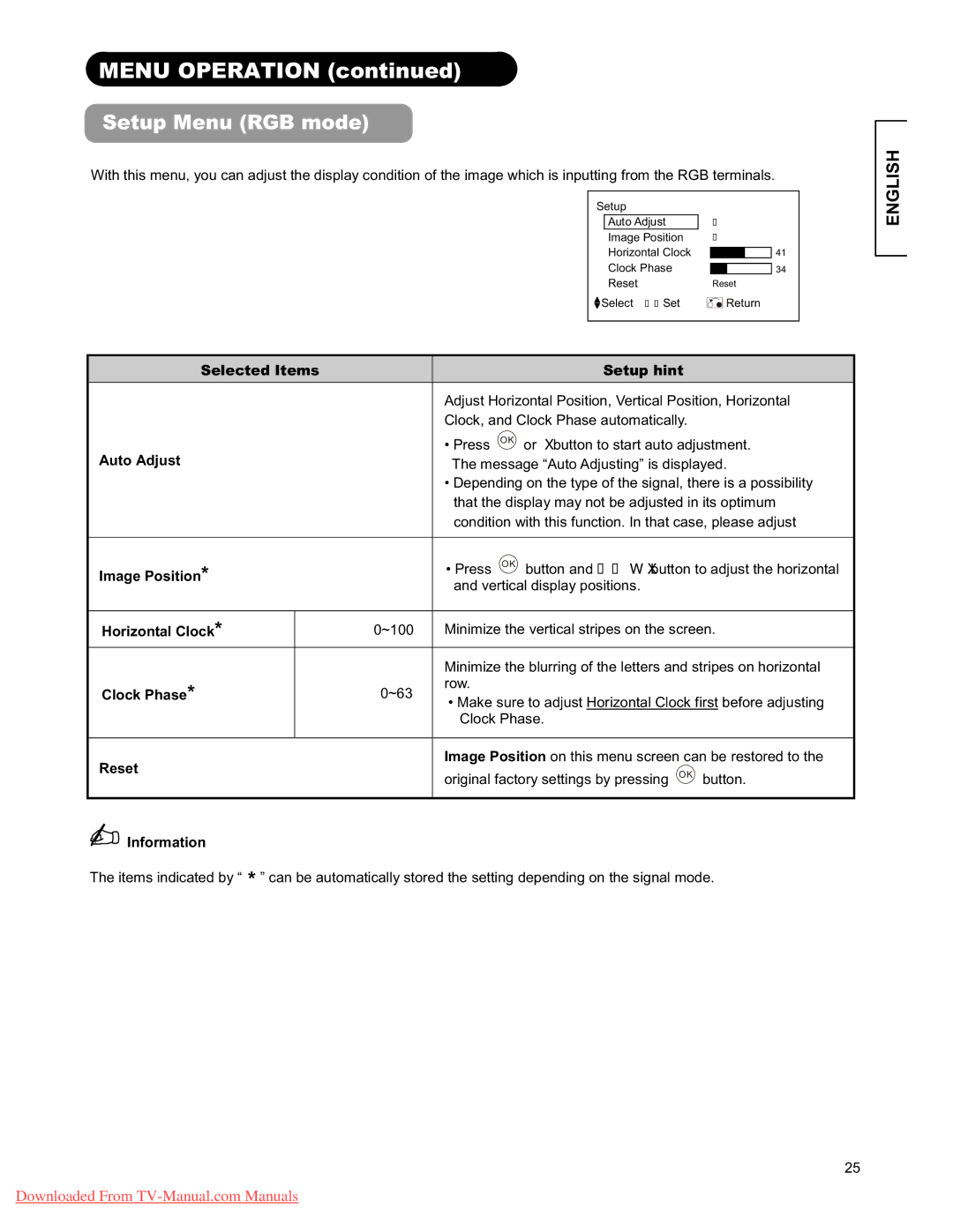 Hitachi 26LD9000TA, 32LD9000TA user manual Setup Menu RGB mode 