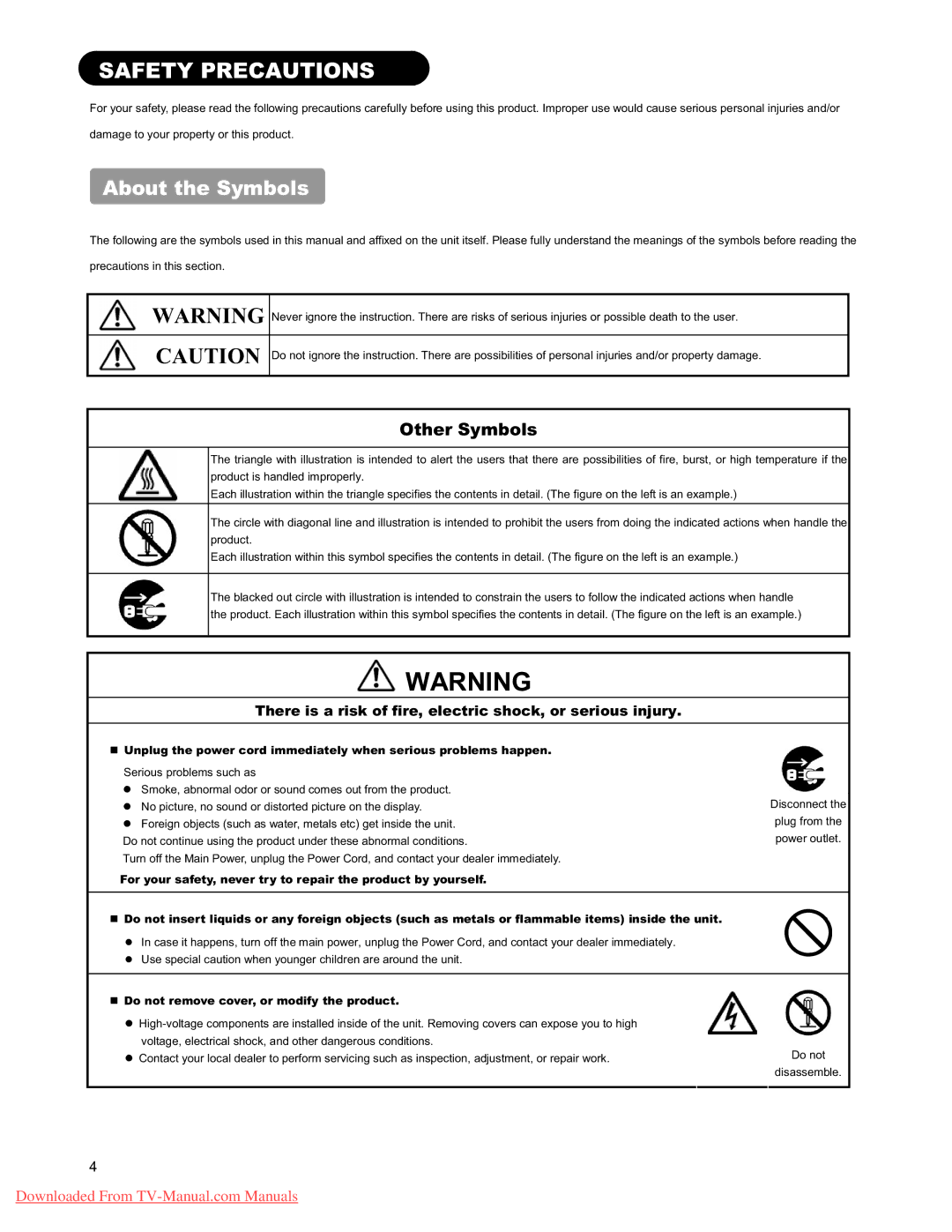 Hitachi 32LD9000TA, 26LD9000TA user manual Safety Precautions, About the Symbols, Other Symbols 