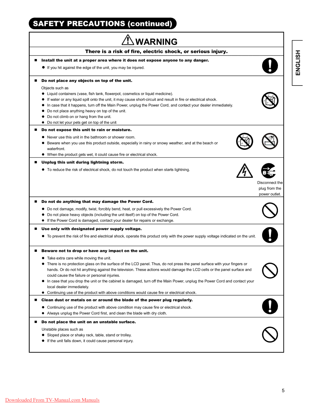 Hitachi 26LD9000TA, 32LD9000TA user manual Safety Precautions, „ Do not place any objects on top of the unit 