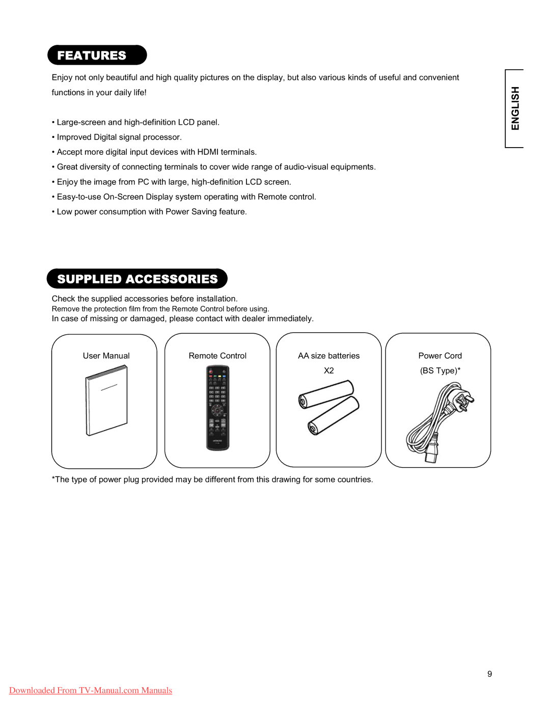 Hitachi 26LD9000TA, 32LD9000TA user manual Features 