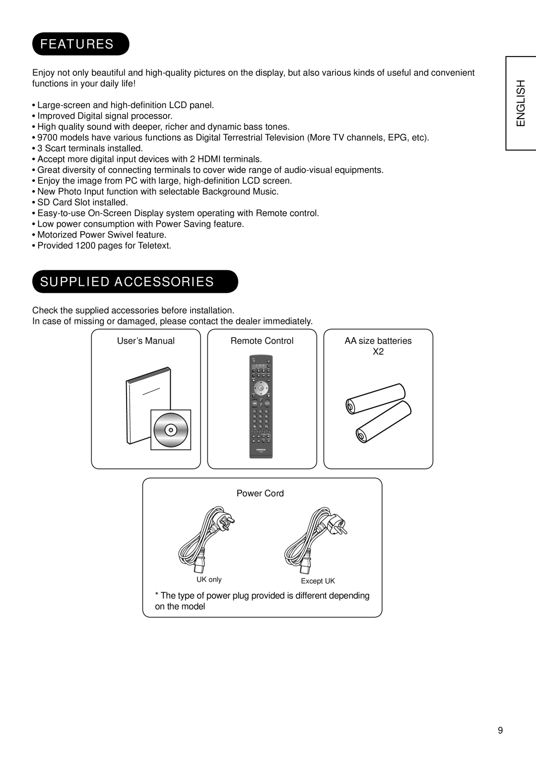 Hitachi 37LD9700U, 32LD9700N, 32LD9700U, 37LD9700C, 37LD9600, 37LD9700N, 32LD9600, 32LD9700C Features, Supplied Accessories 