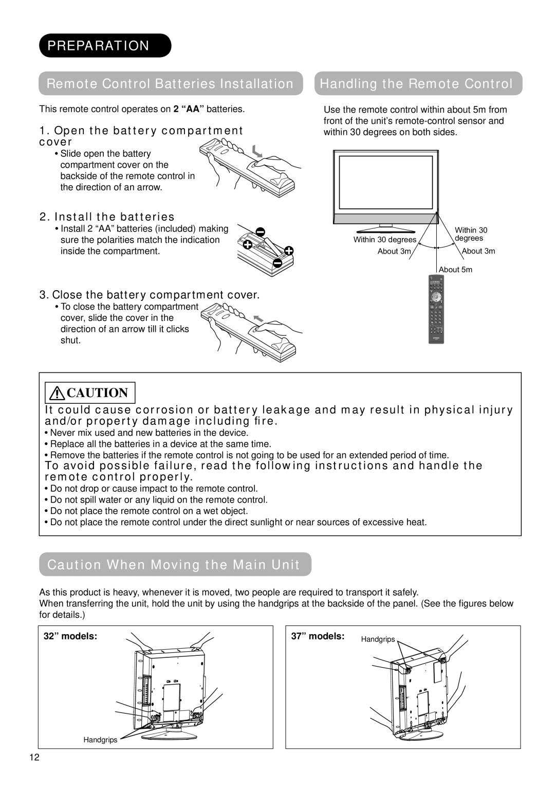 Hitachi 37LD9700N, 32LD9700N Preparation, Remote Control Batteries Installation, Open the battery compartment cover 