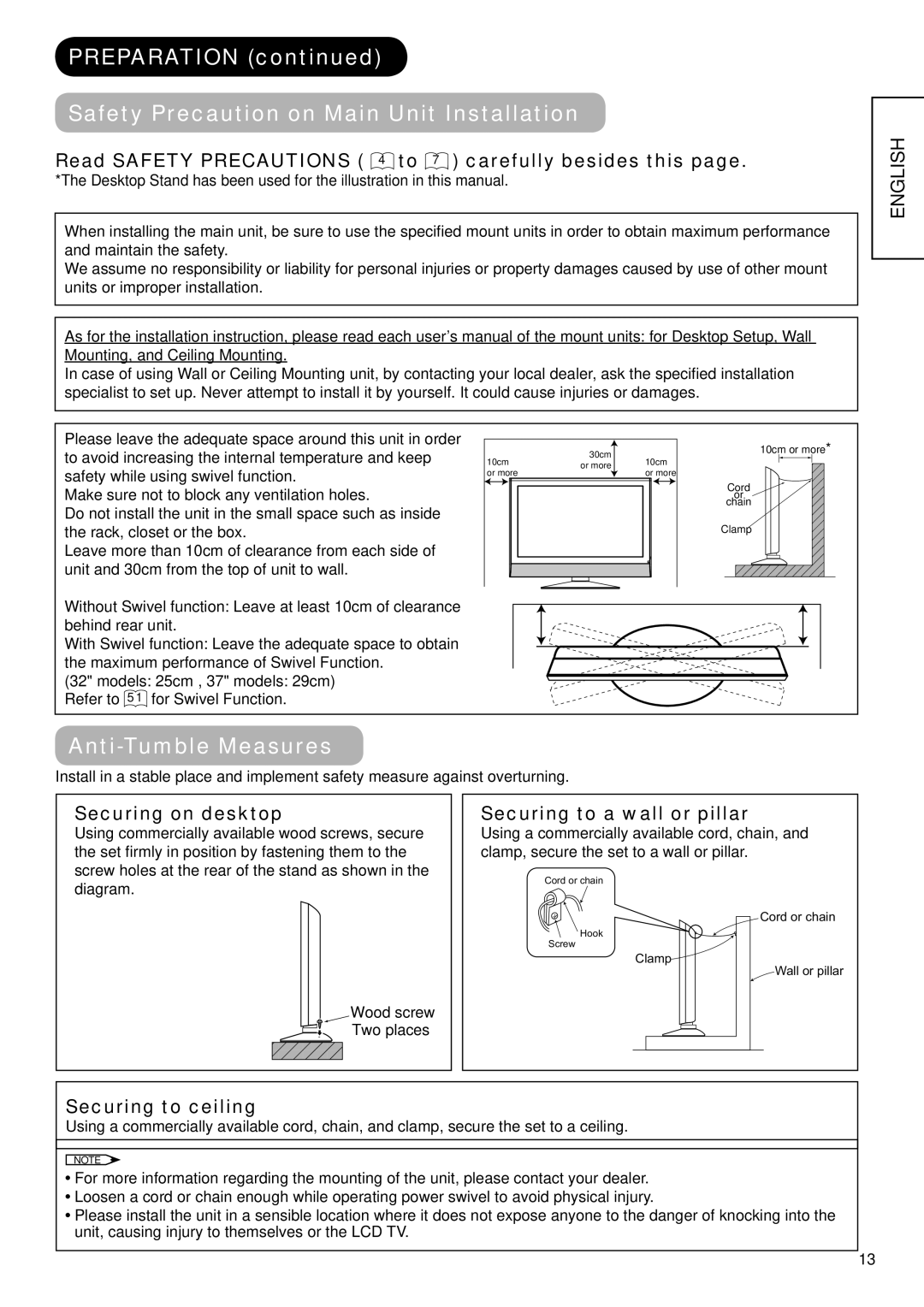 Hitachi 32LD9600, 32LD9700N, 32LD9700U Preparation Safety Precaution on Main Unit Installation, Anti-Tumble Measures 