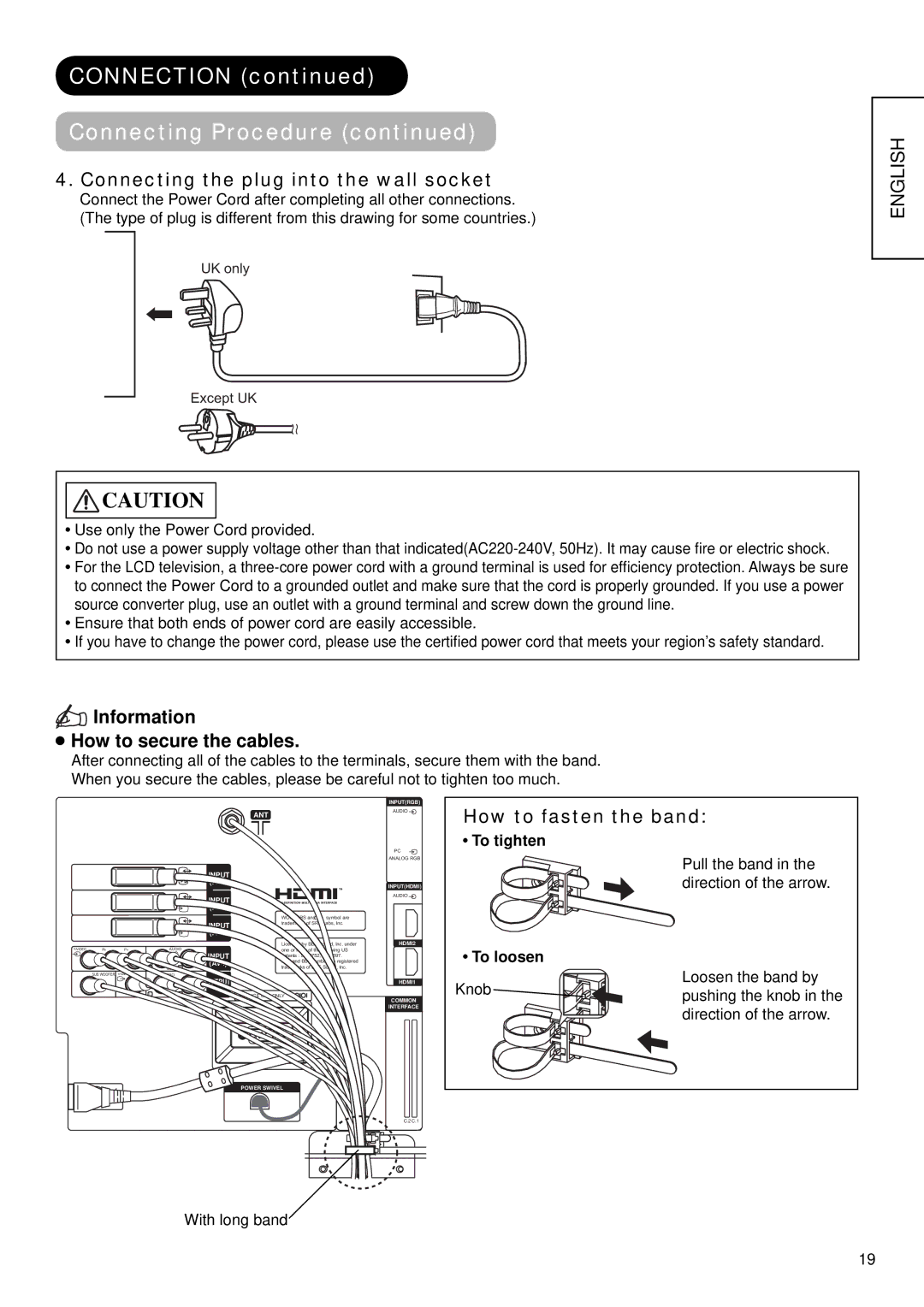 Hitachi 37LD9600 Connecting the plug into the wall socket, Information How to secure the cables, How to fasten the band 