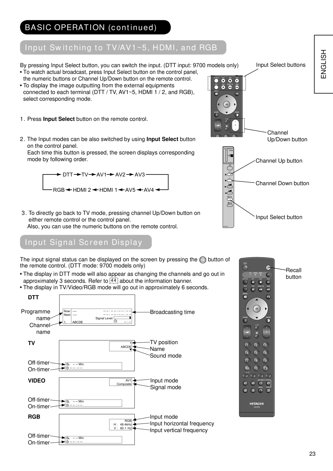 Hitachi 32LD9700N, 32LD9700U Basic Operation Input Switching to TV/AV1~5, HDMI, and RGB, Input Signal Screen Display 