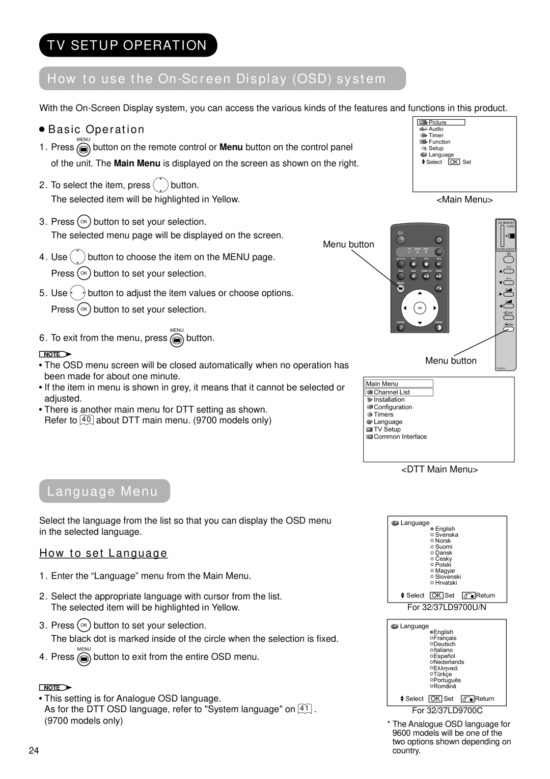 Hitachi 32LD9700U TV Setup Operation, How to use the On-Screen Display OSD system, Language Menu, Basic Operation 