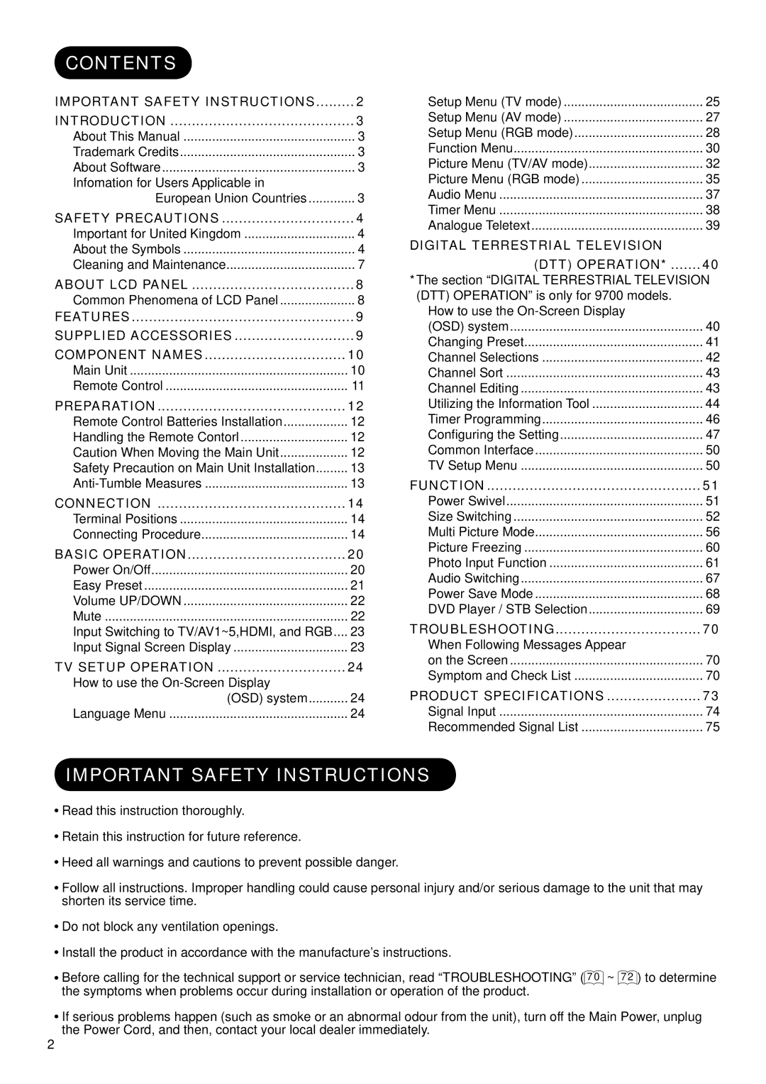 Hitachi 37LD9700C, 32LD9700N, 32LD9700U, 37LD9700U, 37LD9600, 37LD9700N, 32LD9600 Contents, Important Safety Instructions 