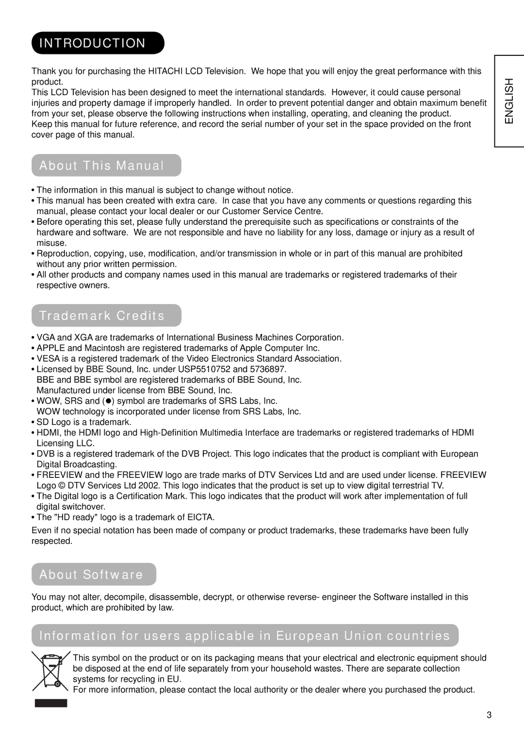 Hitachi 37LD9600, 32LD9700N, 32LD9700U, 37LD9700U Introduction, About This Manual, Trademark Credits, About Software 