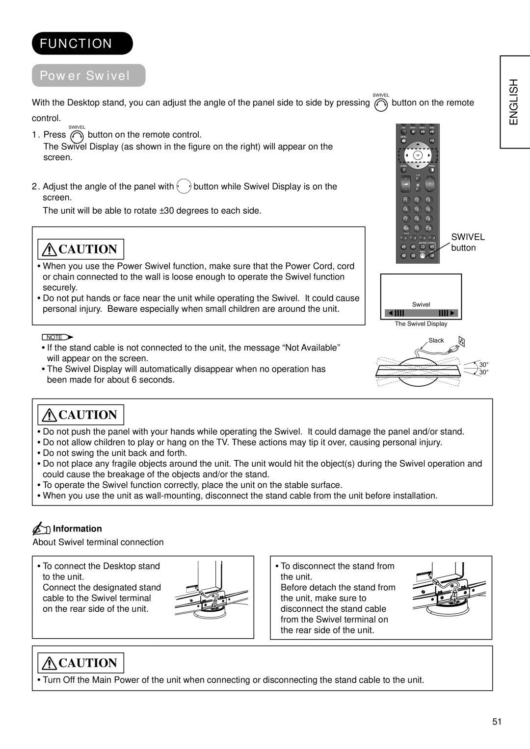 Hitachi 37LD9600, 32LD9700N, 32LD9700U, 37LD9700U, 37LD9700C, 37LD9700N, 32LD9600, 32LD9700C user manual Function, Power Swivel 