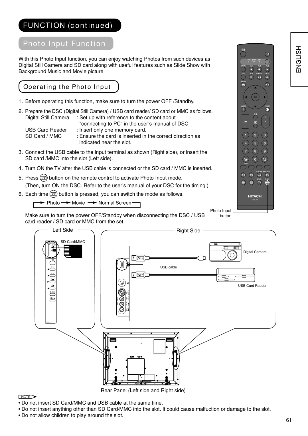 Hitachi 32LD9600, 32LD9700N, 32LD9700U, 37LD9700U, 37LD9700C Function Photo Input Function, Operating the Photo Input 