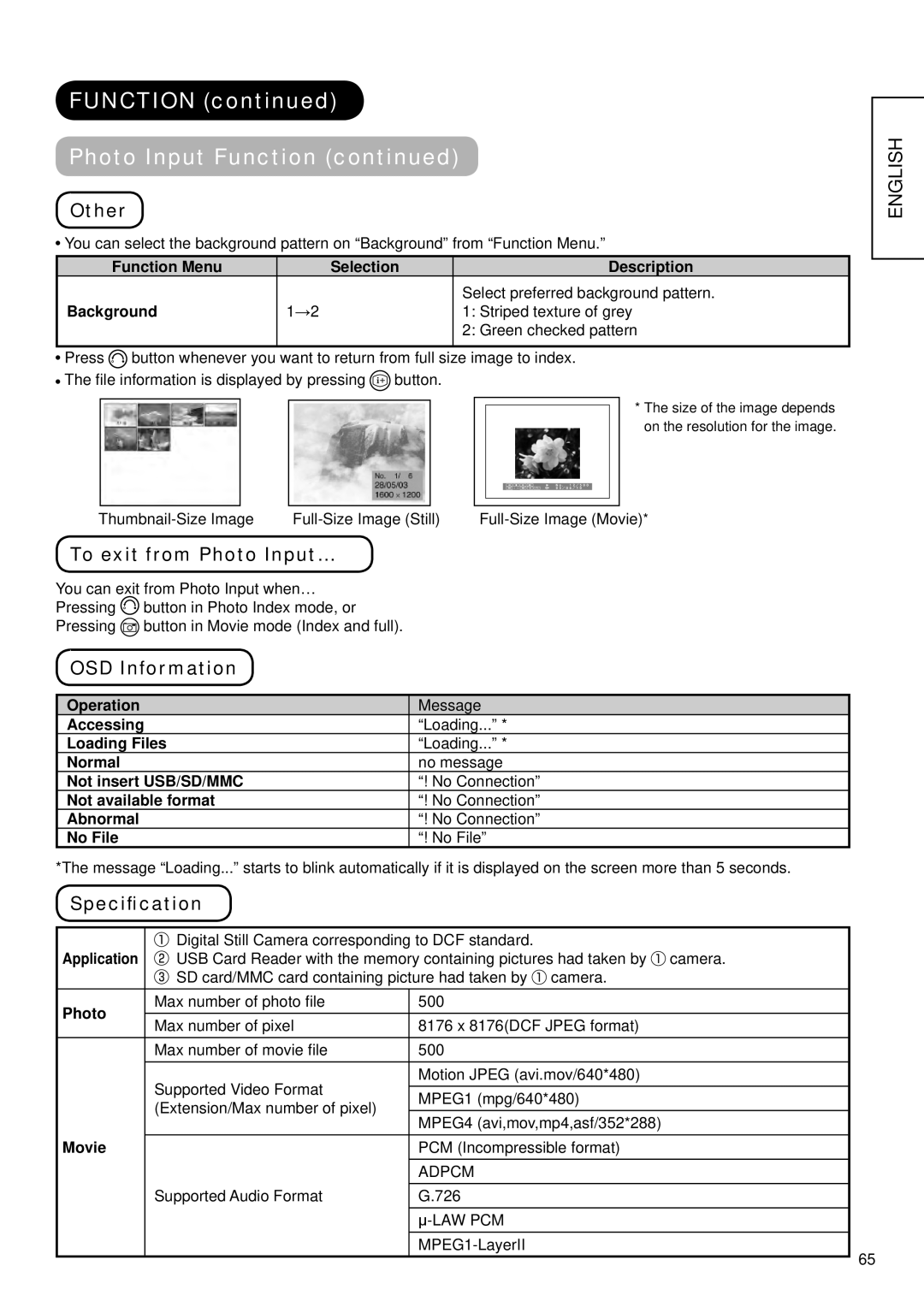 Hitachi 37LD9700U, 32LD9700N, 32LD9700U, 37LD9700C, 37LD9600 Other, To exit from Photo Input…, OSD Information, Speciﬁcation 