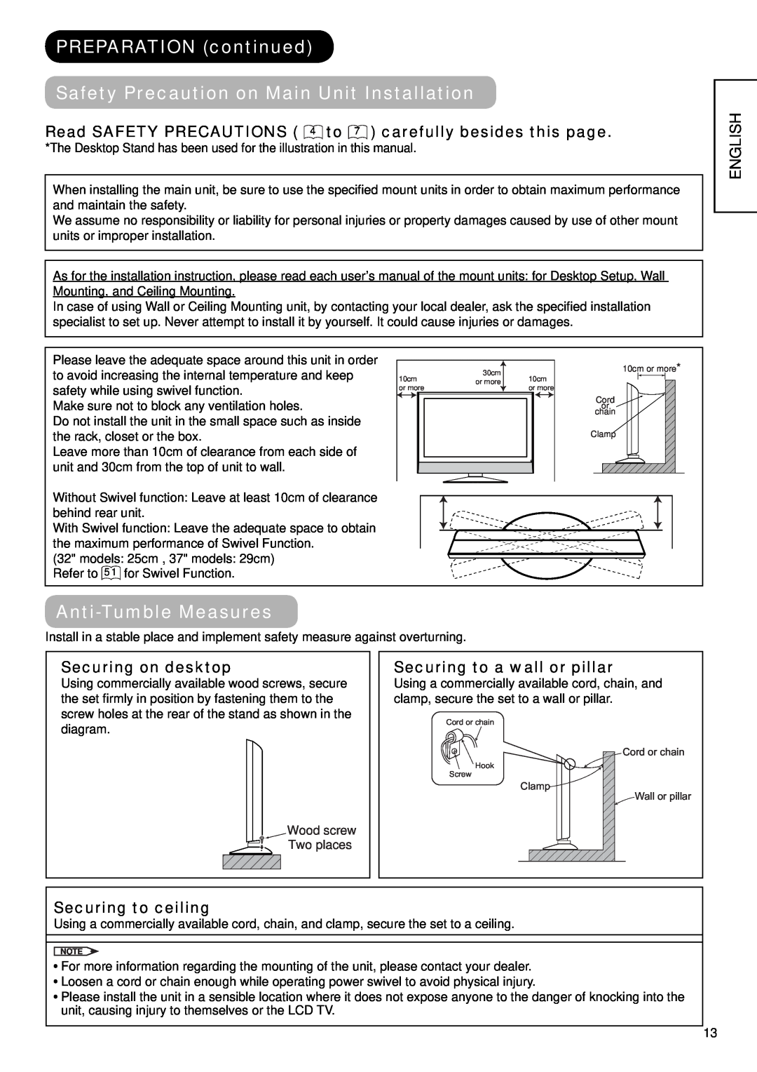 Hitachi 32LD9600 PREPARATION continued Safety Precaution on Main Unit Installation, Anti-Tumble Measures, English 