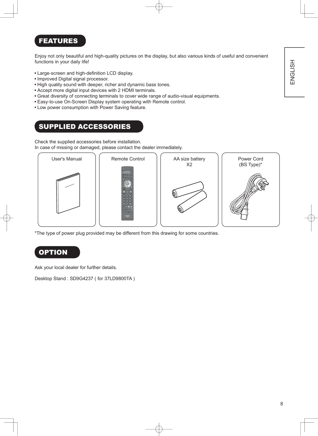 Hitachi 32LD9800TA user manual Features, Supplied Accessories, Option, /DujhVfuhhqDqgKljkGh¿Qlwlrq/&Glvsod\ 