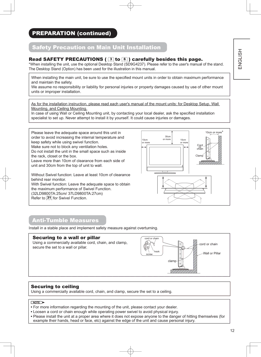 Hitachi 32LD9800TA user manual 353$5$7,21FRQWLQXHG, 6DIHW\3UHFDXWLRQRQ0DLQ8QLW,QVWDOODWLRQ, $QWL7X EOH0HDVXUHV 