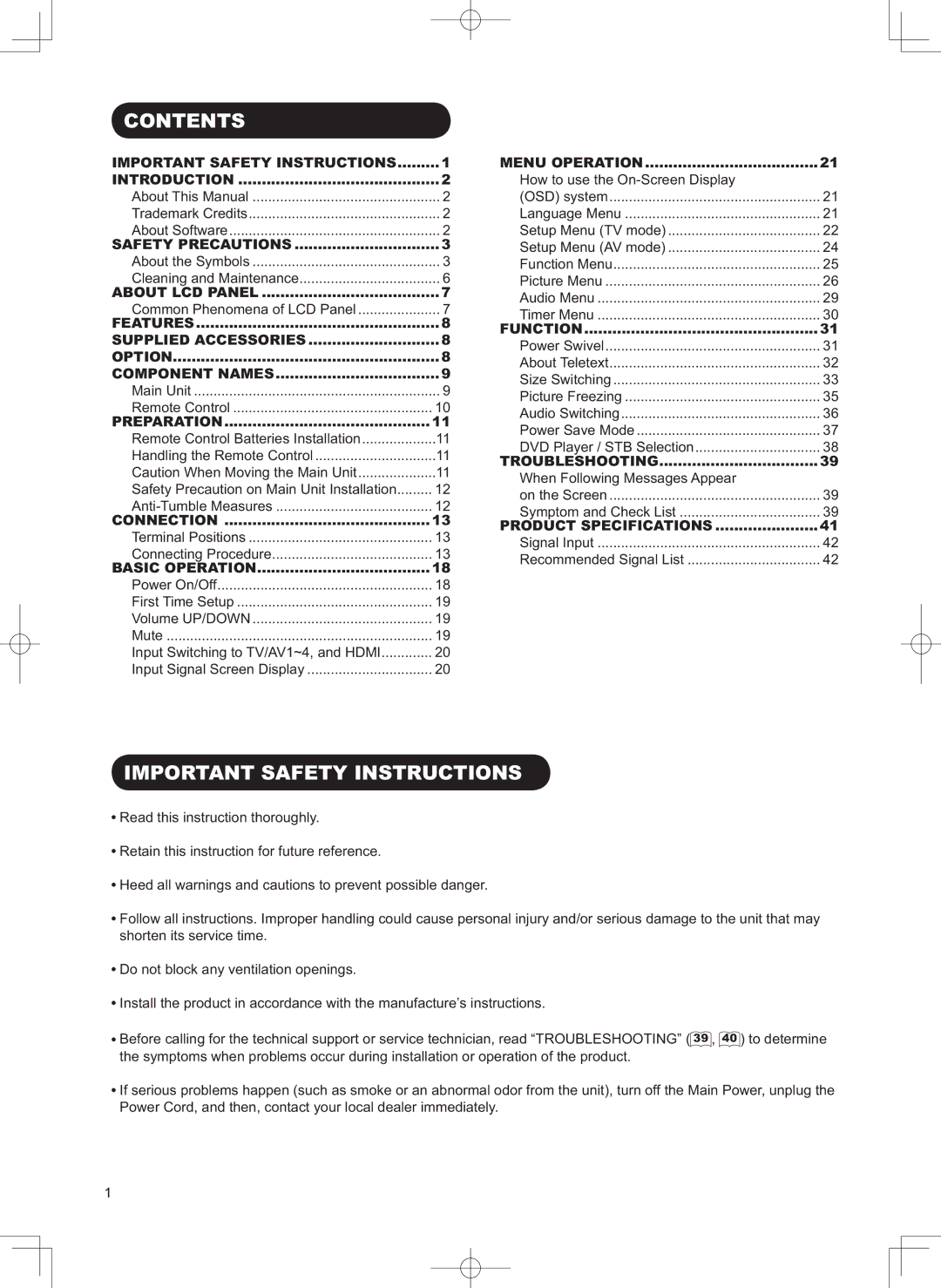 Hitachi 32LD9800TA user manual Contents, Important Safety Instructions 