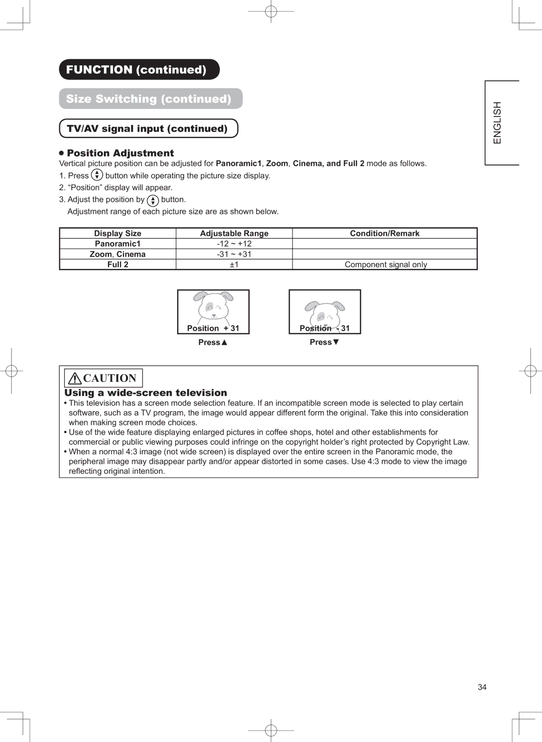 Hitachi 32LD9800TA user manual 6LH6ZLWFKLQJFRQWLQXHG, 79$9VLJQDOLQSXWFRQWLQXHG 3RVLWLRQ$GMXVW HQW, 3UHVVŸ 