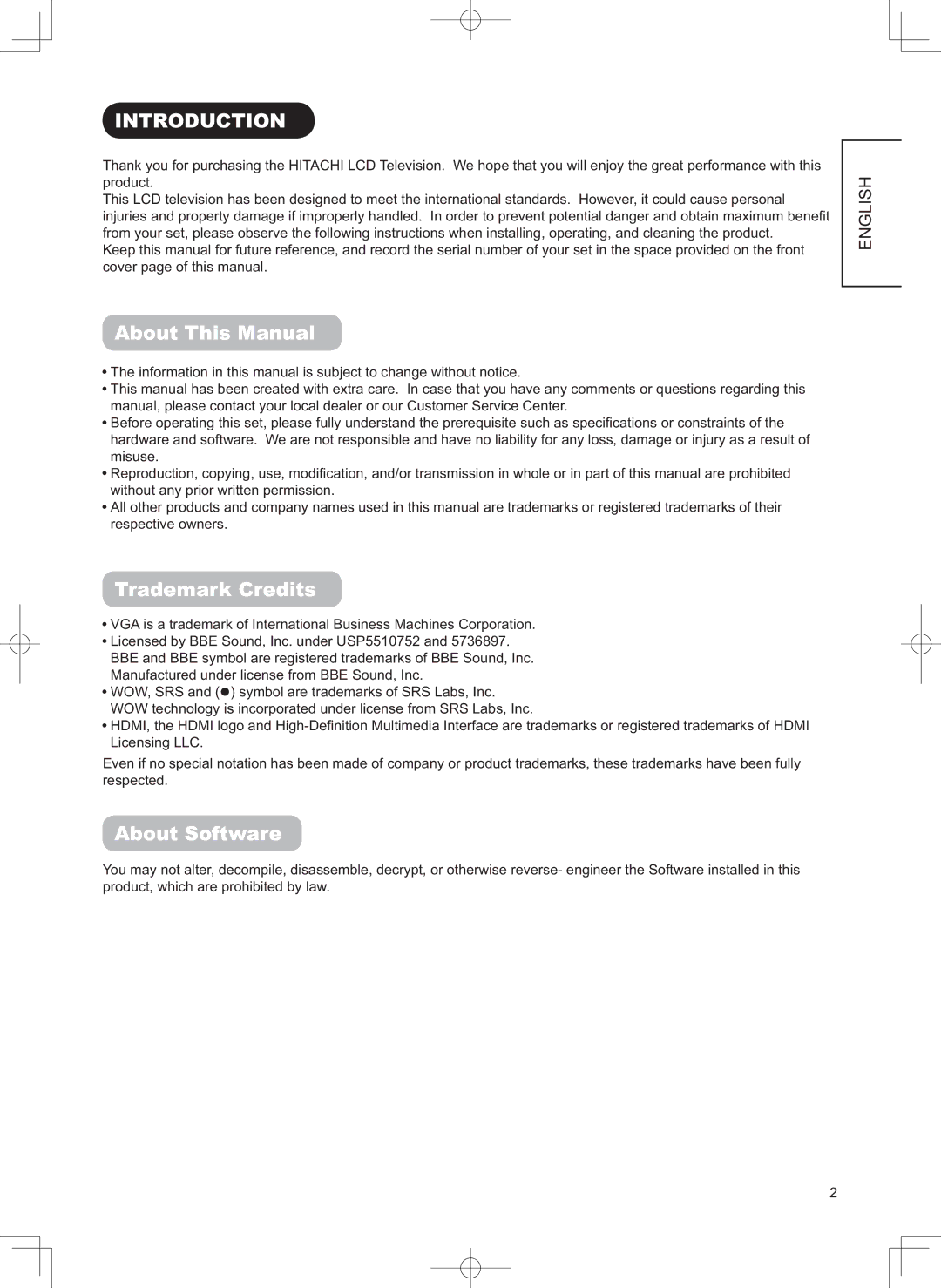 Hitachi 32LD9800TA user manual Introduction, About This Manual, Trademark Credits, About Software 