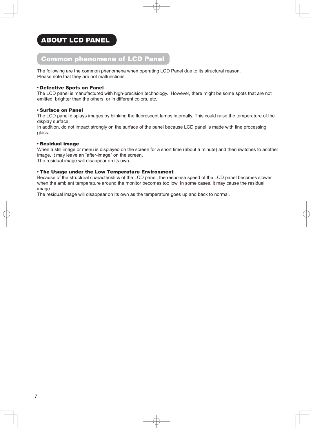 Hitachi 32LD9800TA user manual About LCD Panel, Common phenomena of LCD Panel, HIHFWLYH6SRWVRQ3DQHO, Residual image 