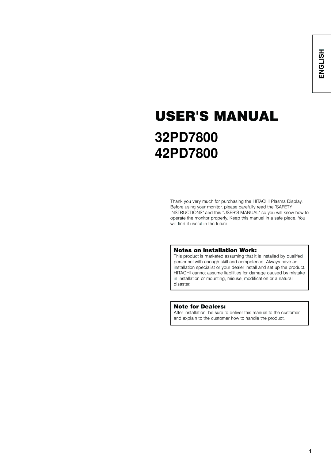 Hitachi user manual 32PD7800 42PD7800 