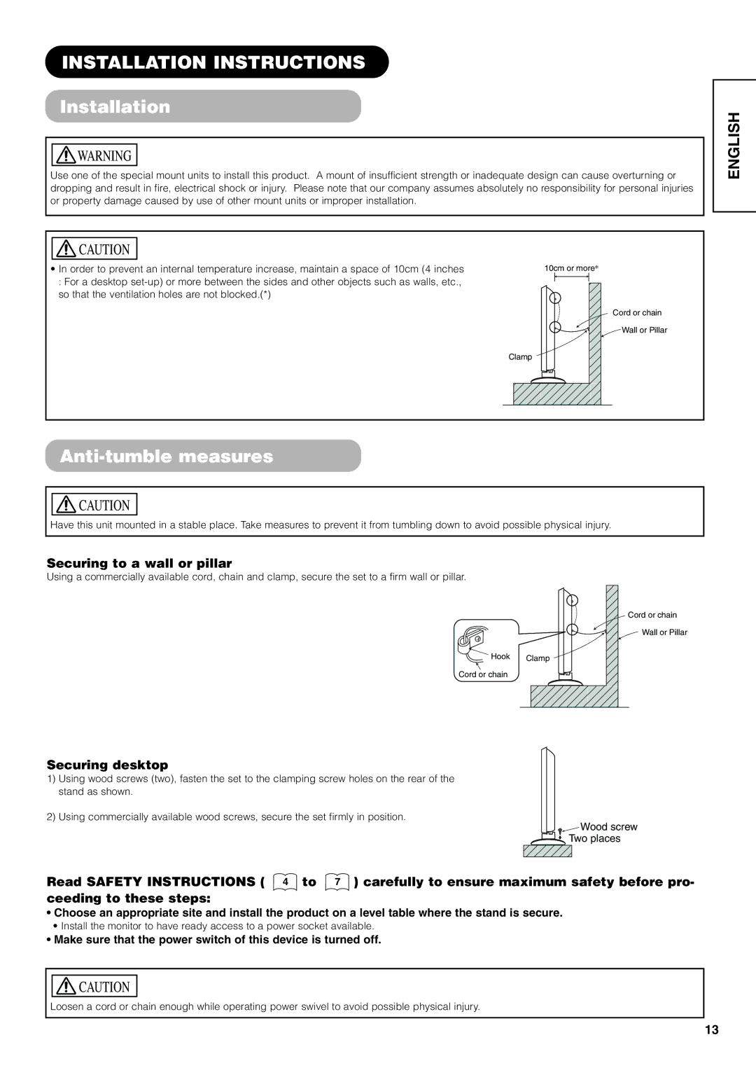 Hitachi 42PD7800, 32PD7800 Installation Instructions, Anti-tumble measures, Securing to a wall or pillar, Securing desktop 