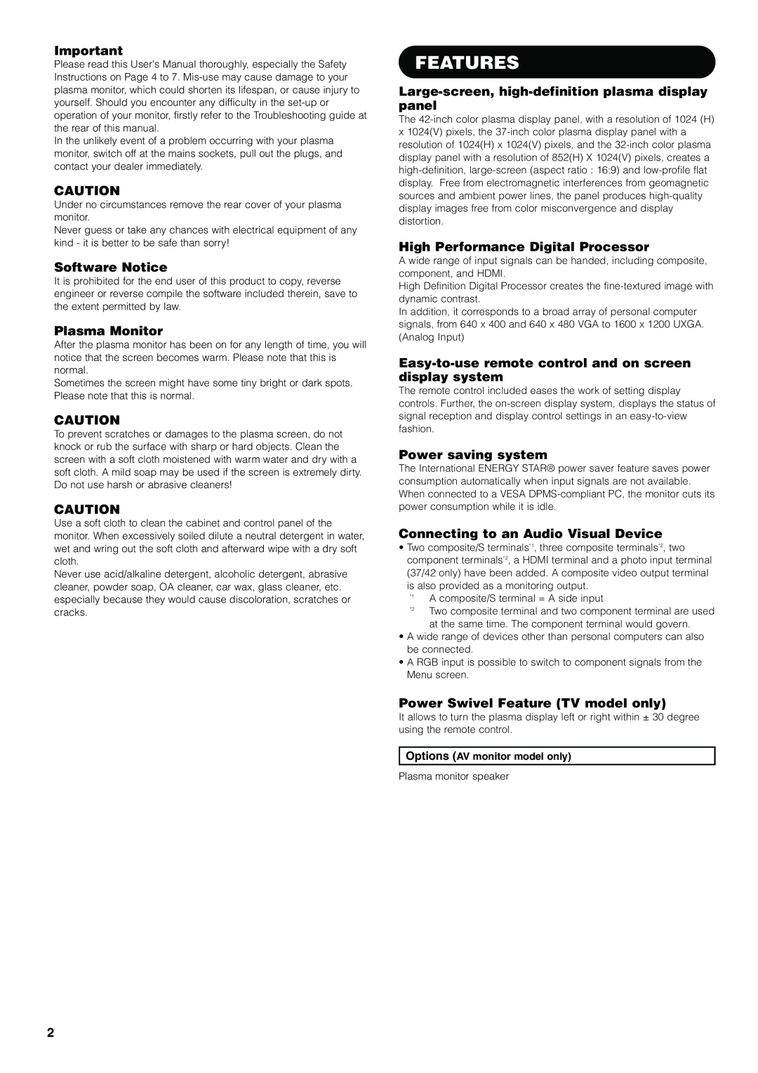 Hitachi 32PD7800, 42PD7800 user manual Features 