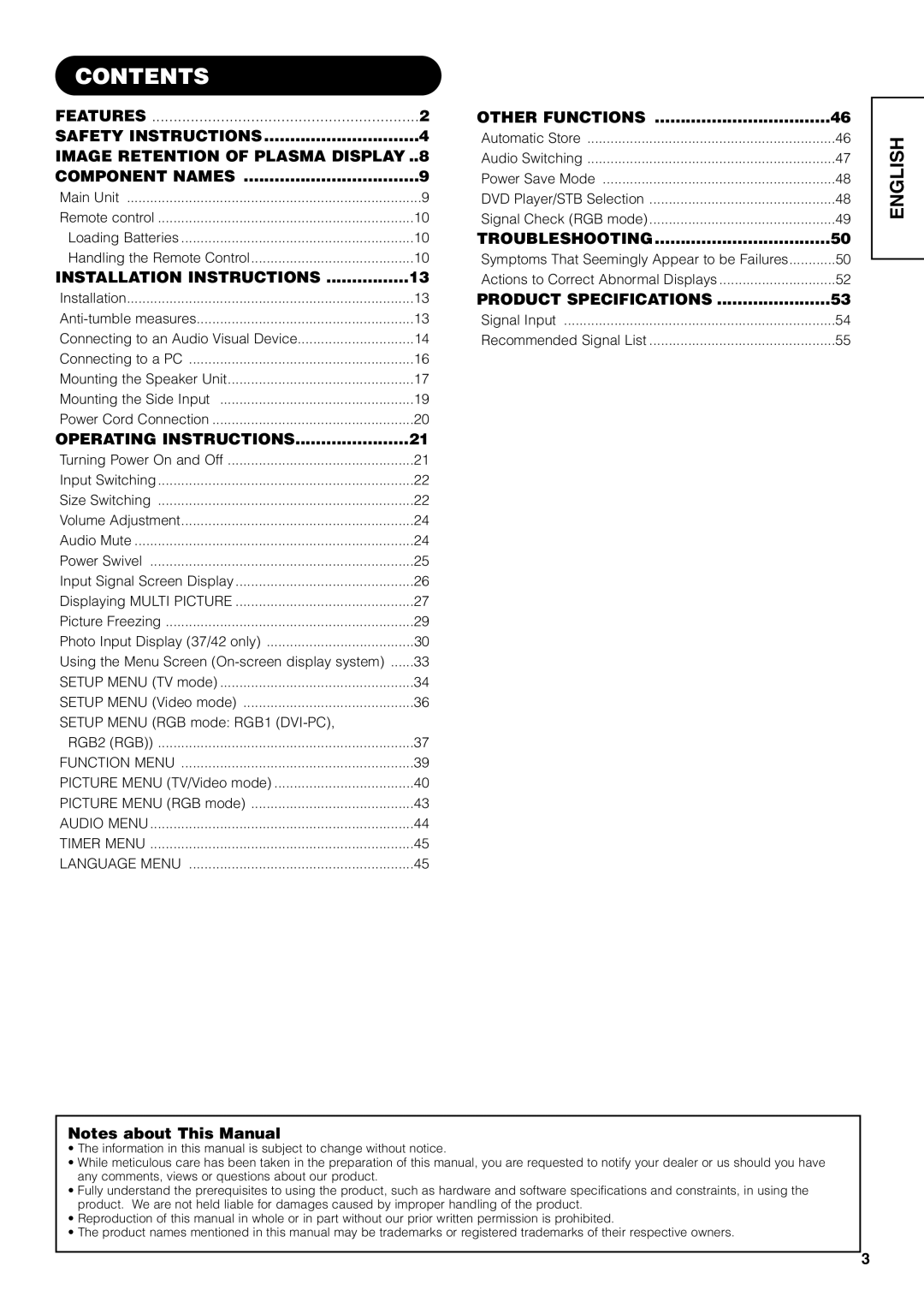 Hitachi 42PD7800, 32PD7800 user manual Contents 