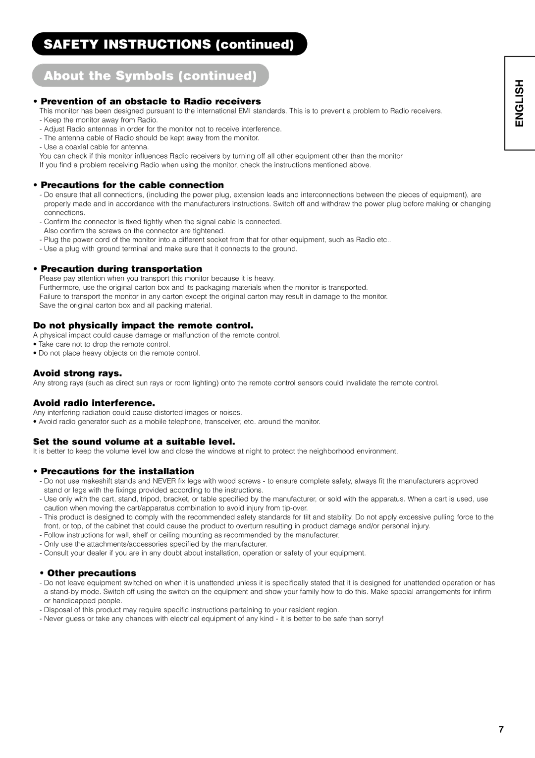 Hitachi 42PD7800 Prevention of an obstacle to Radio receivers, Precautions for the cable connection, Avoid strong rays 