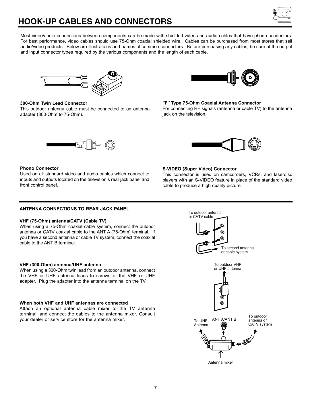 Hitachi 32UDX10S, 36UDX10S manual HOOK-UP Cables and Connectors, Antenna Connections to Rear Jack Panel 