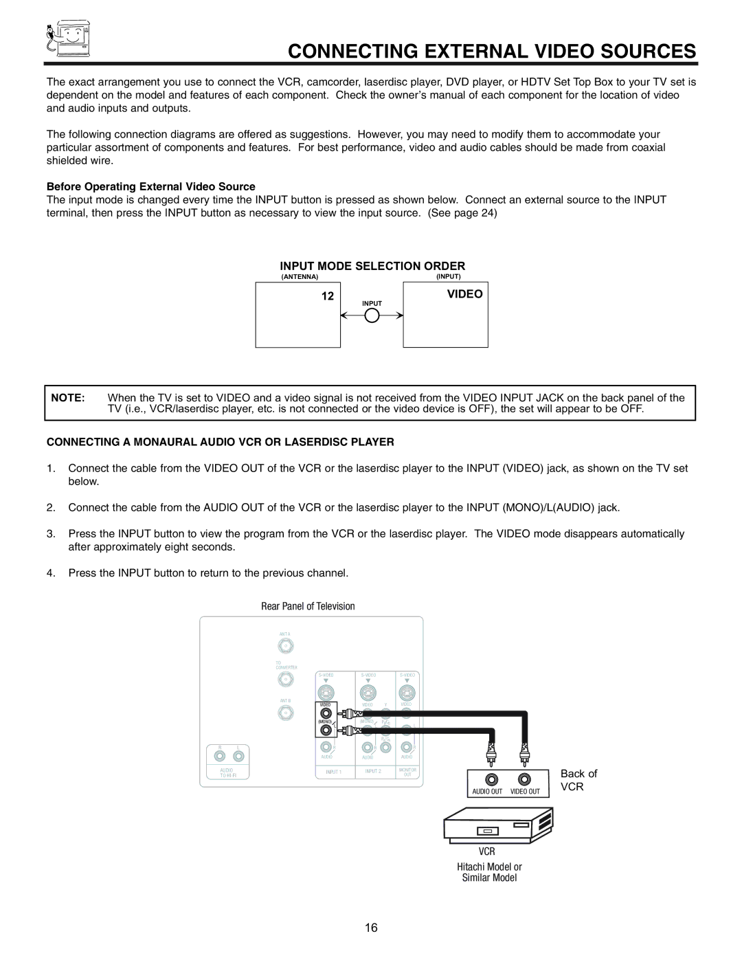 Hitachi 32UDX10S, 36UDX10S manual Input Mode Selection Order 