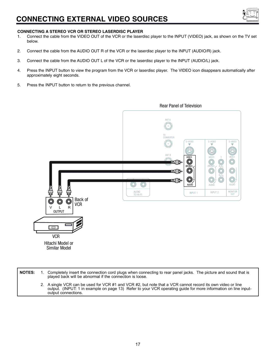 Hitachi 32UDX10S, 36UDX10S manual Connecting External Video Sources, Connecting a Stereo VCR or Stereo Laserdisc Player 