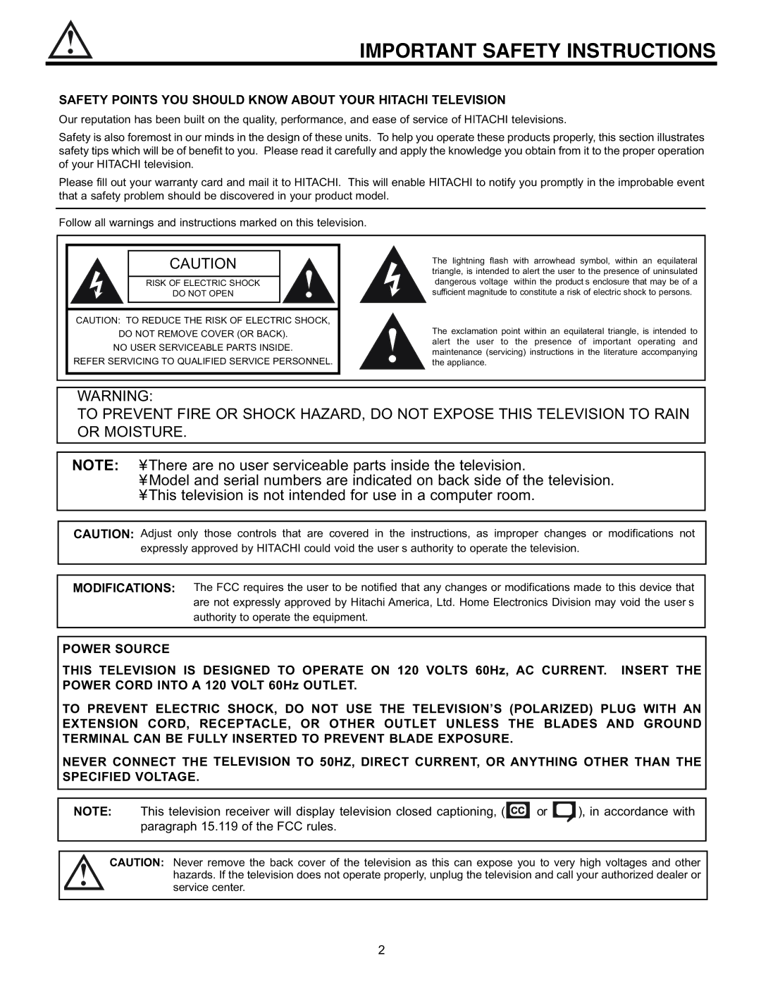 Hitachi 32UDX10S, 36UDX10S Important Safety Instructions, Safety Points YOU should Know about Your Hitachi Television 