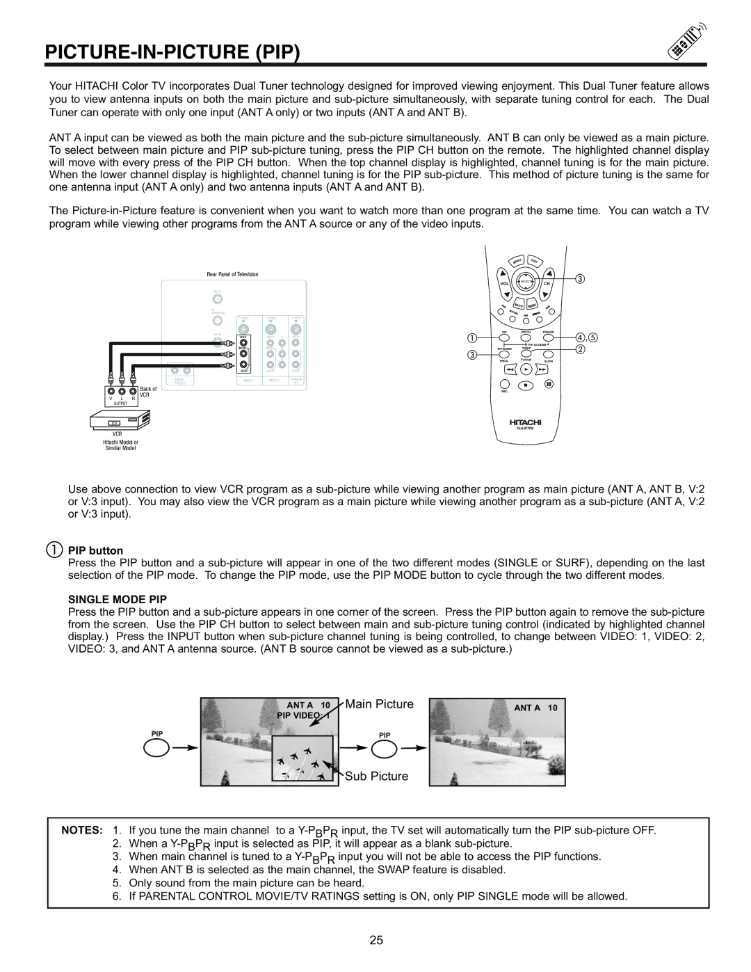 Hitachi 32UDX10S, 36UDX10S manual Picture-In-Picture Pip, PIP button, Single Mode PIP 