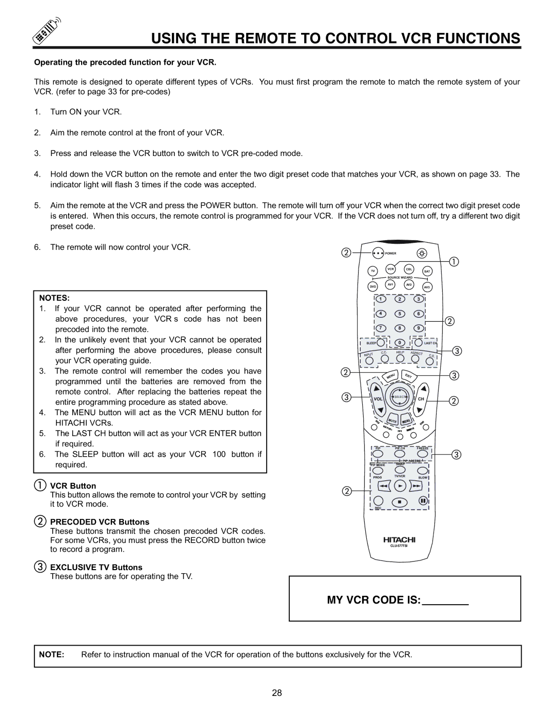 Hitachi 32UDX10S, 36UDX10S manual Using the Remote to Control VCR Functions, Operating the precoded function for your VCR 