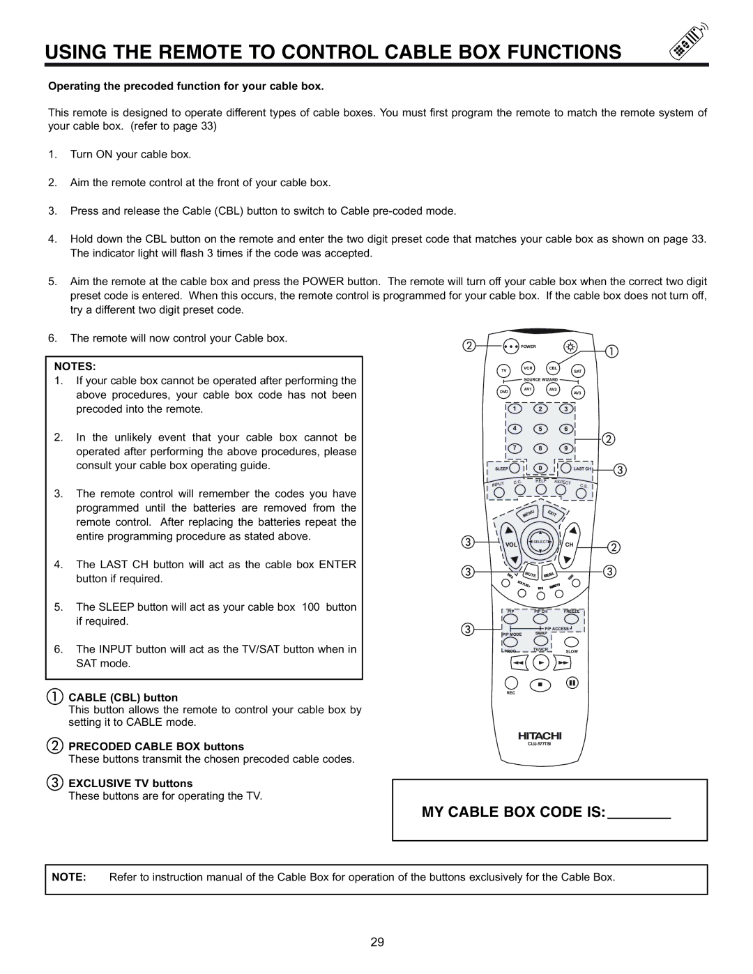 Hitachi 32UDX10S, 36UDX10S Using the Remote to Control Cable BOX Functions, Cable CBL button, Precoded Cable BOX buttons 