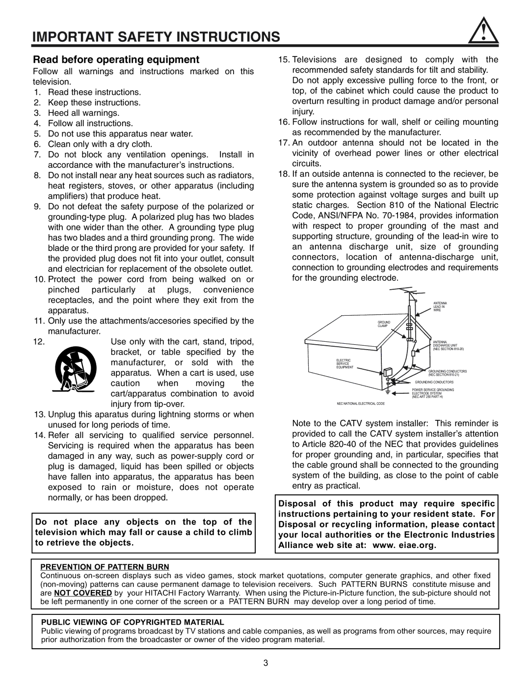 Hitachi 32UDX10S, 36UDX10S manual Prevention of Pattern Burn, Public Viewing of Copyrighted Material 