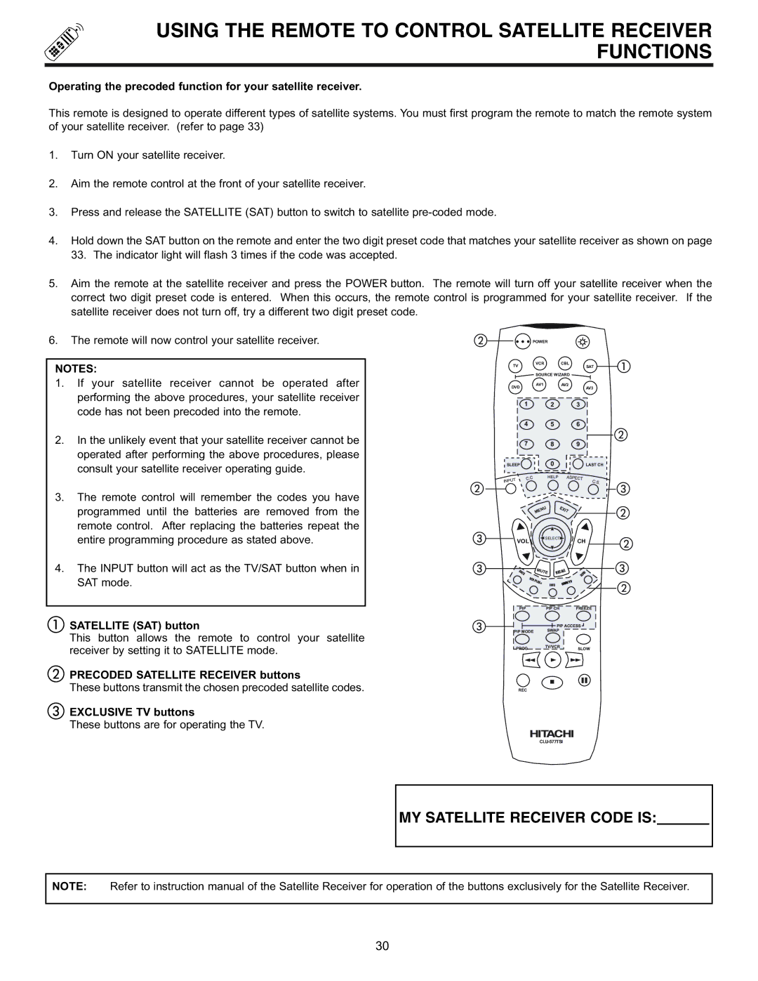 Hitachi 32UDX10S, 36UDX10S manual Using the Remote to Control Satellite Receiver Functions, Satellite SAT button 