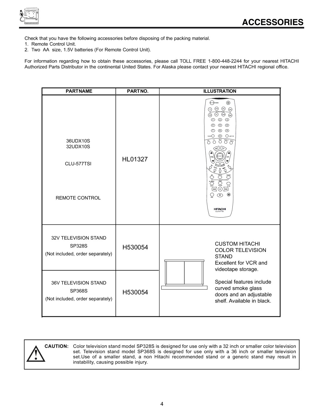 Hitachi 32UDX10S, 36UDX10S manual Accessories, Partname Partno, Illustration 