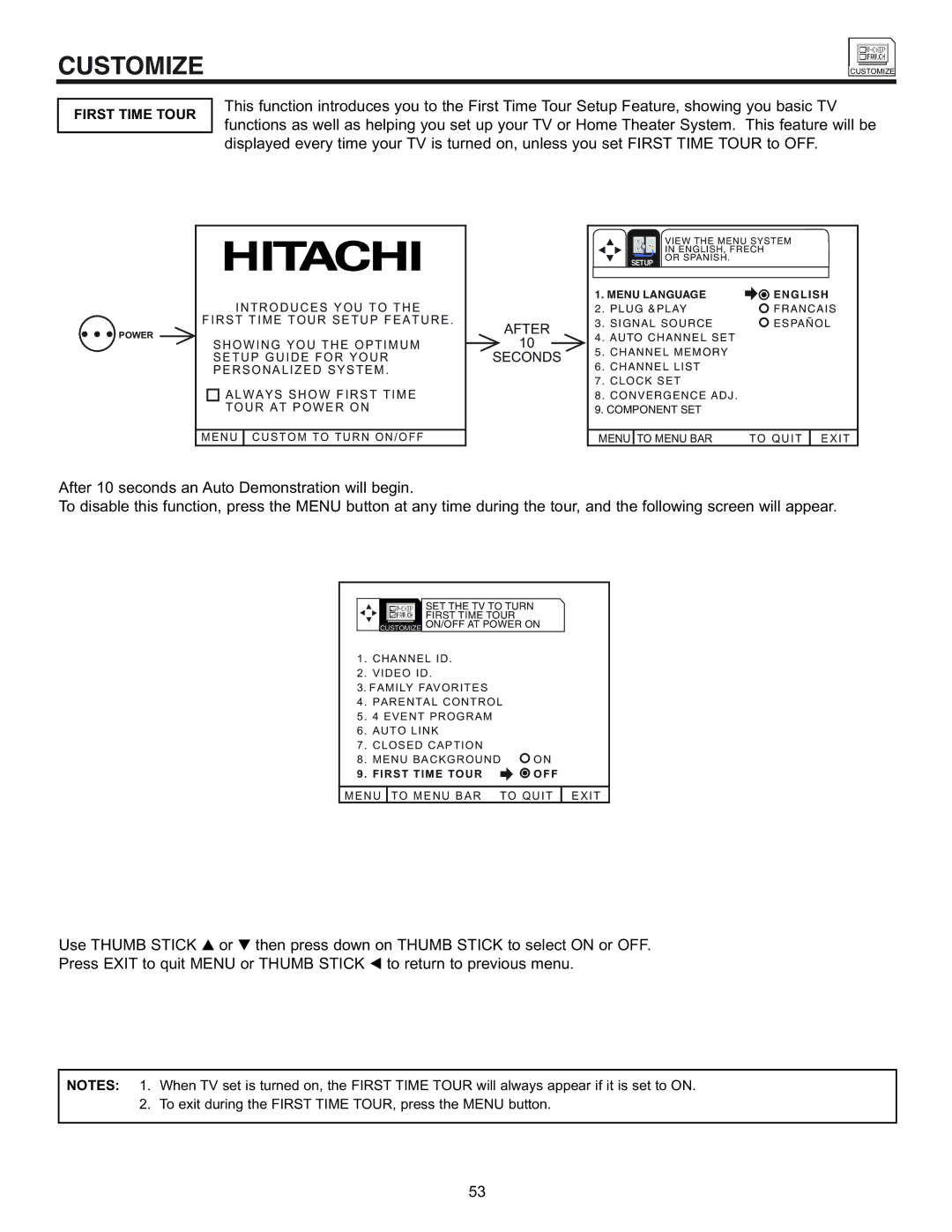 Hitachi 32UDX10S, 36UDX10S manual First Time Tour, W a Y S S H O W F I R S T T I M E T O U R a T P O W E R O N 