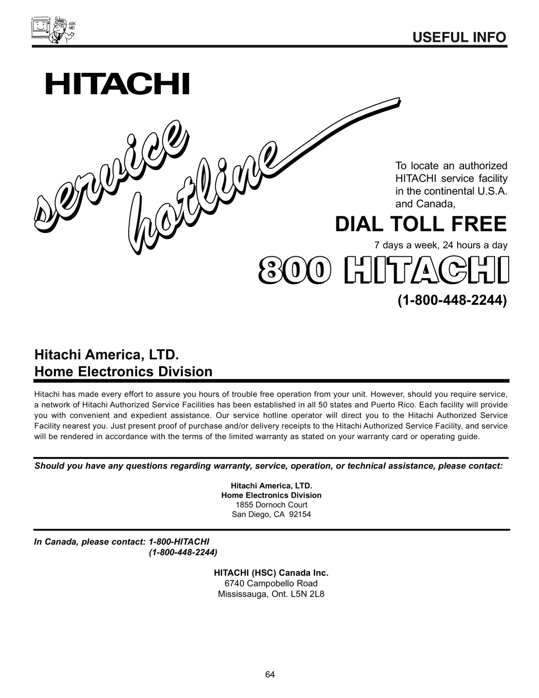Hitachi 32UDX10S, 36UDX10S Home Electronics Division, Hitachi, Dial Toll Free, Useful Info, days a week, 24 hours a day 