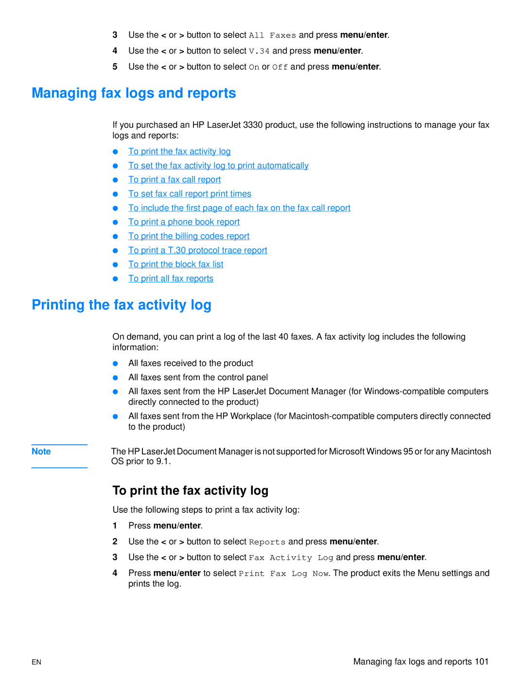 Hitachi 3300MFP manual Managing fax logs and reports, Printing the fax activity log, To print the fax activity log 