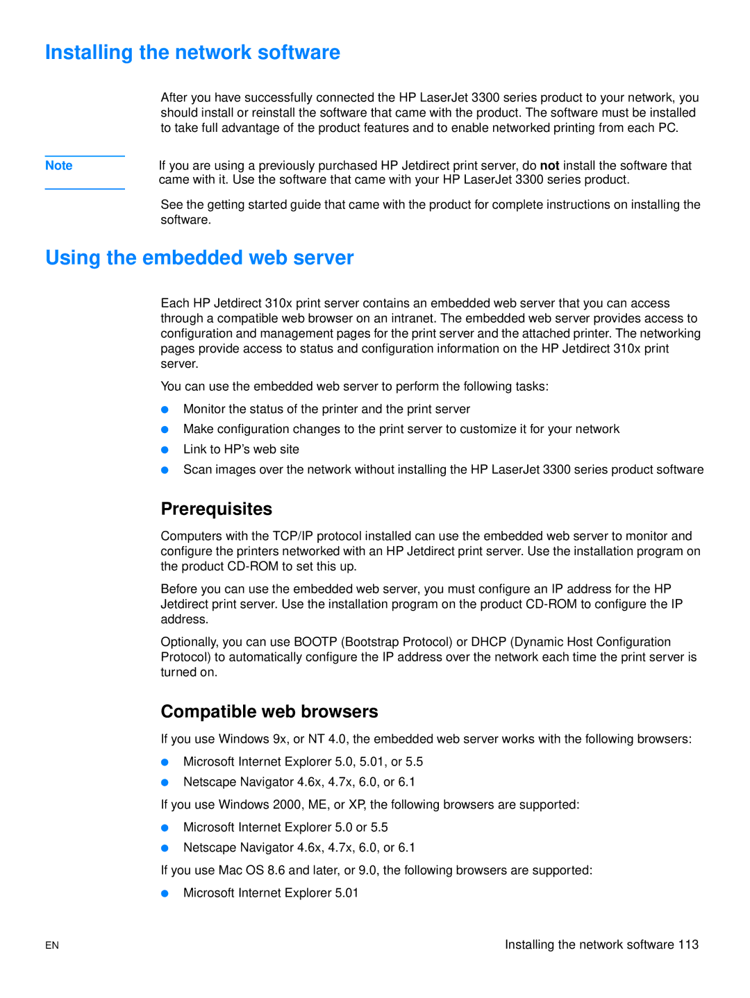 Hitachi 3300MFP Installing the network software, Using the embedded web server, Prerequisites, Compatible web browsers 