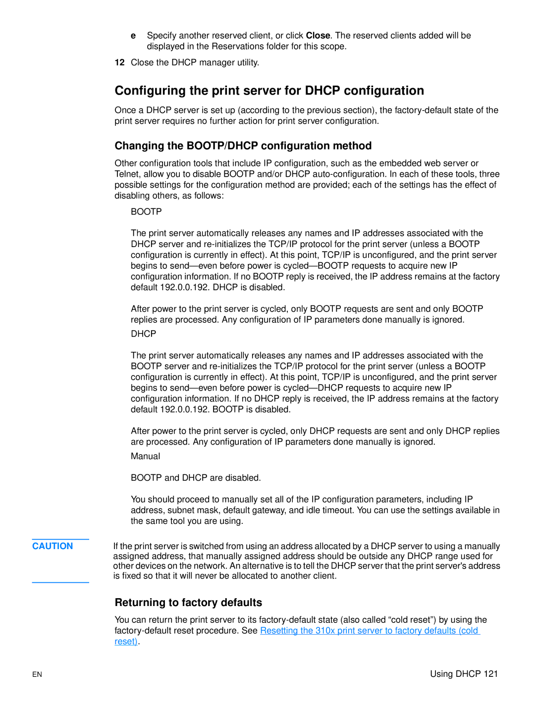 Hitachi 3300MFP manual Configuring the print server for Dhcp configuration, Changing the BOOTP/DHCP configuration method 