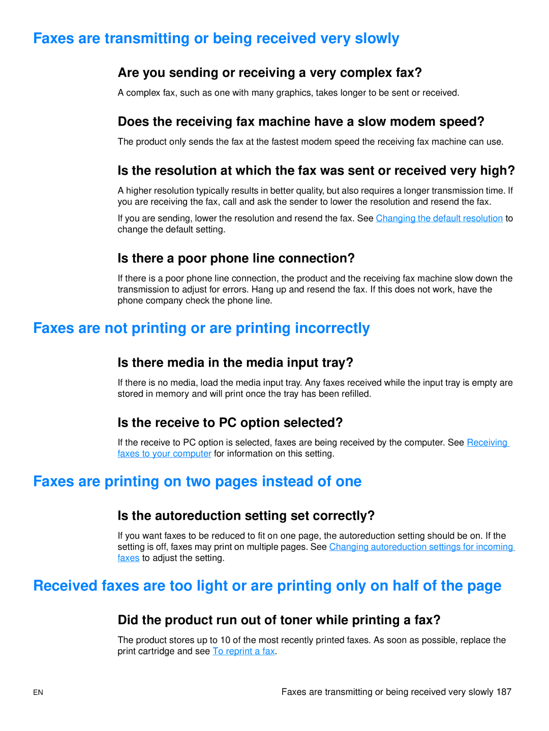 Hitachi 3300MFP Faxes are transmitting or being received very slowly, Faxes are not printing or are printing incorrectly 