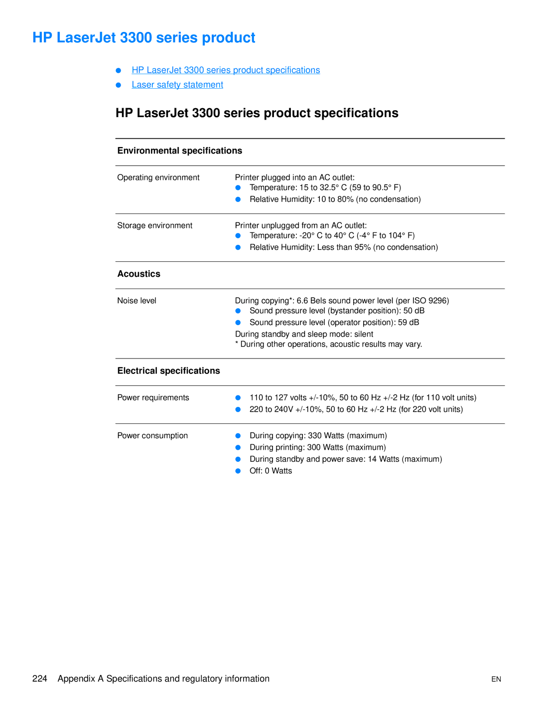 Hitachi 3300MFP manual HP LaserJet 3300 series product specifications, Environmental specifications, Acoustics 