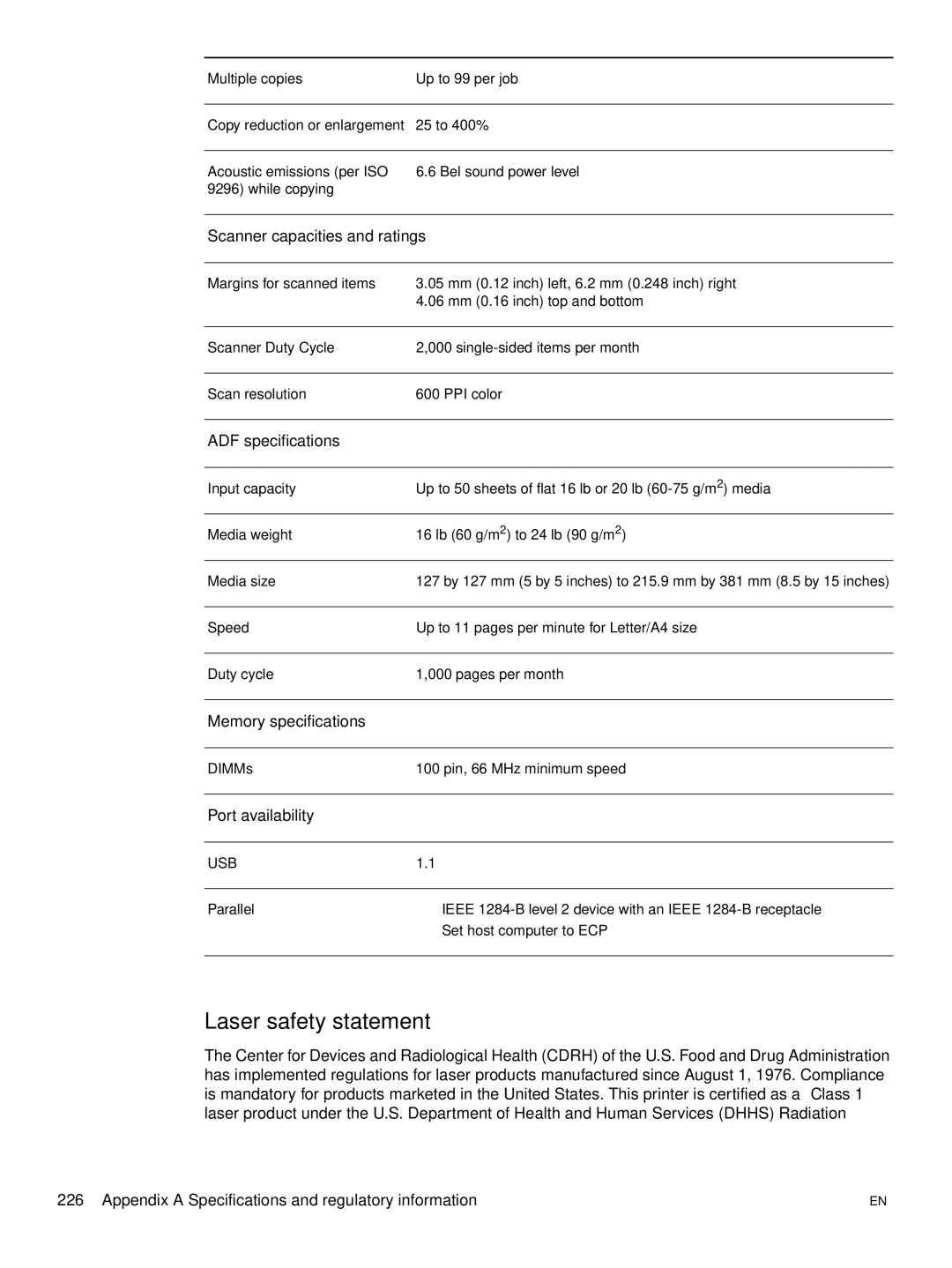 Hitachi 3300MFP manual Laser safety statement, Scanner capacities and ratings, ADF specifications, Memory specifications 