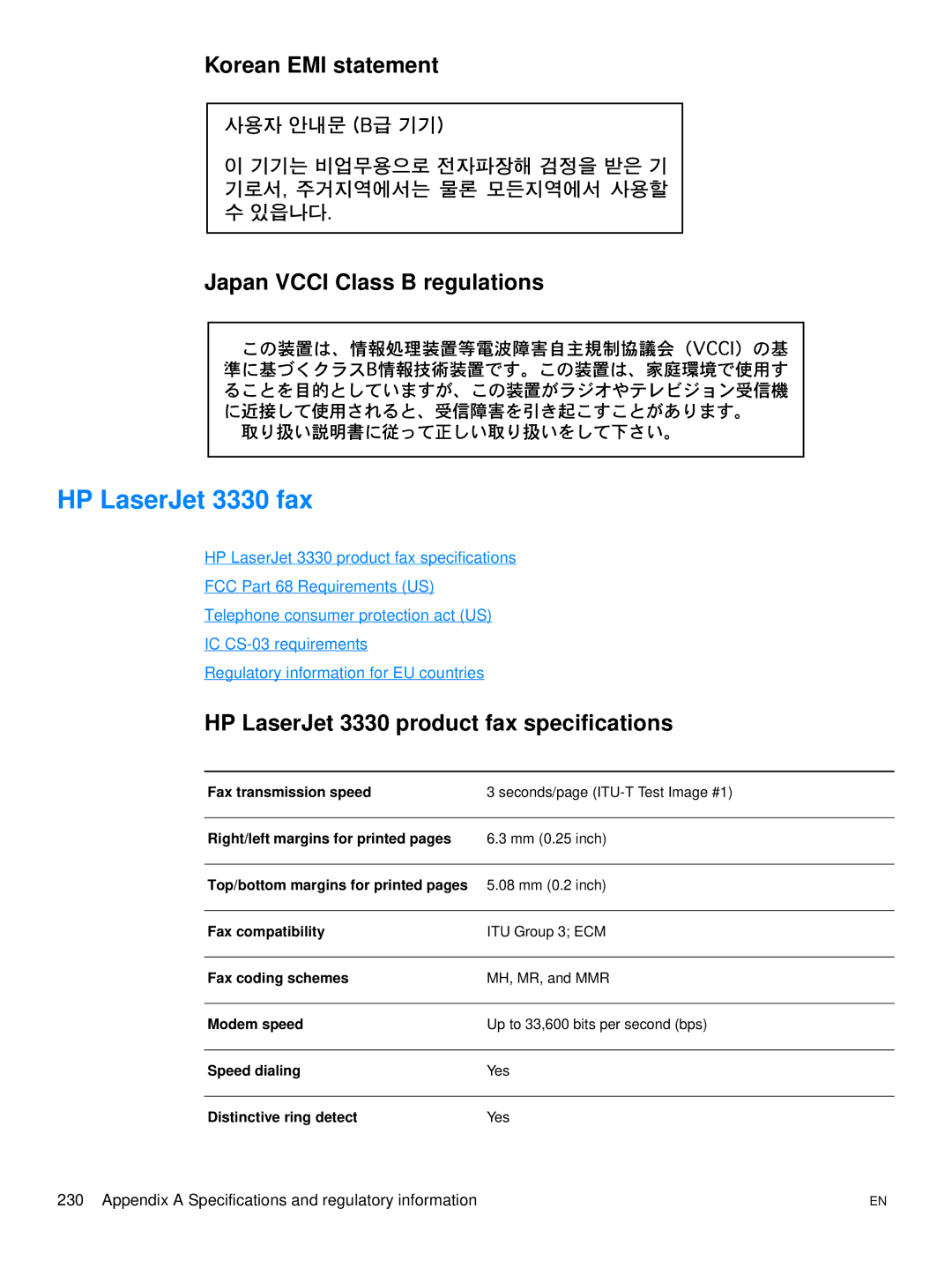 Hitachi 3300MFP manual HP LaserJet 3330 fax, Korean EMI statement Japan Vcci Class B regulations 