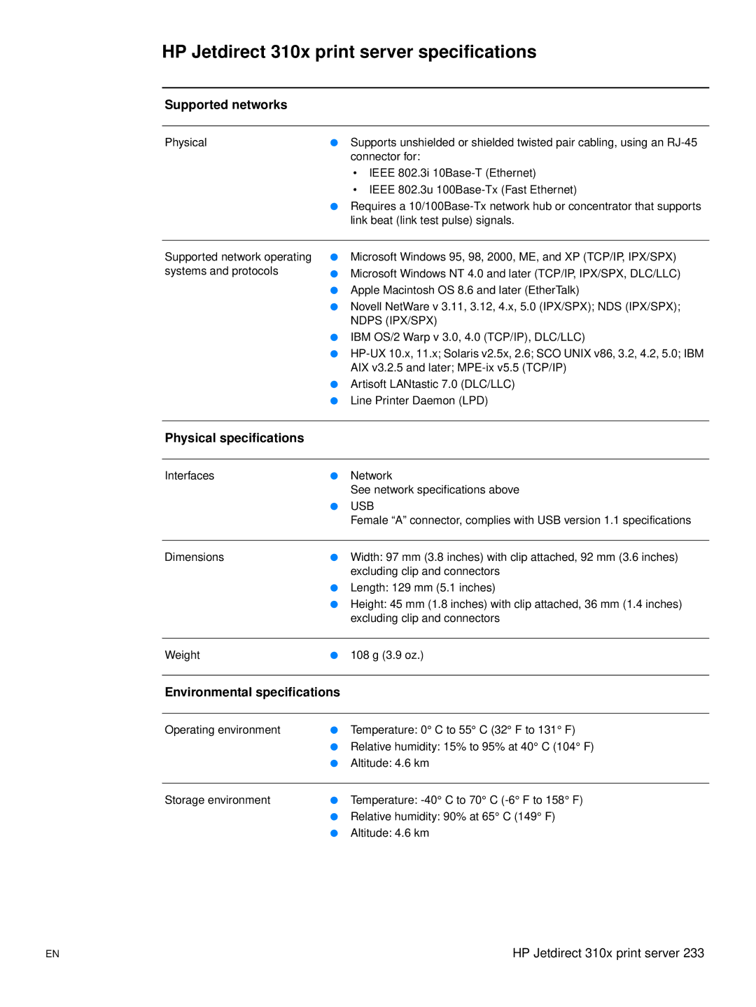 Hitachi 3300MFP manual HP Jetdirect 310x print server specifications, Supported networks 