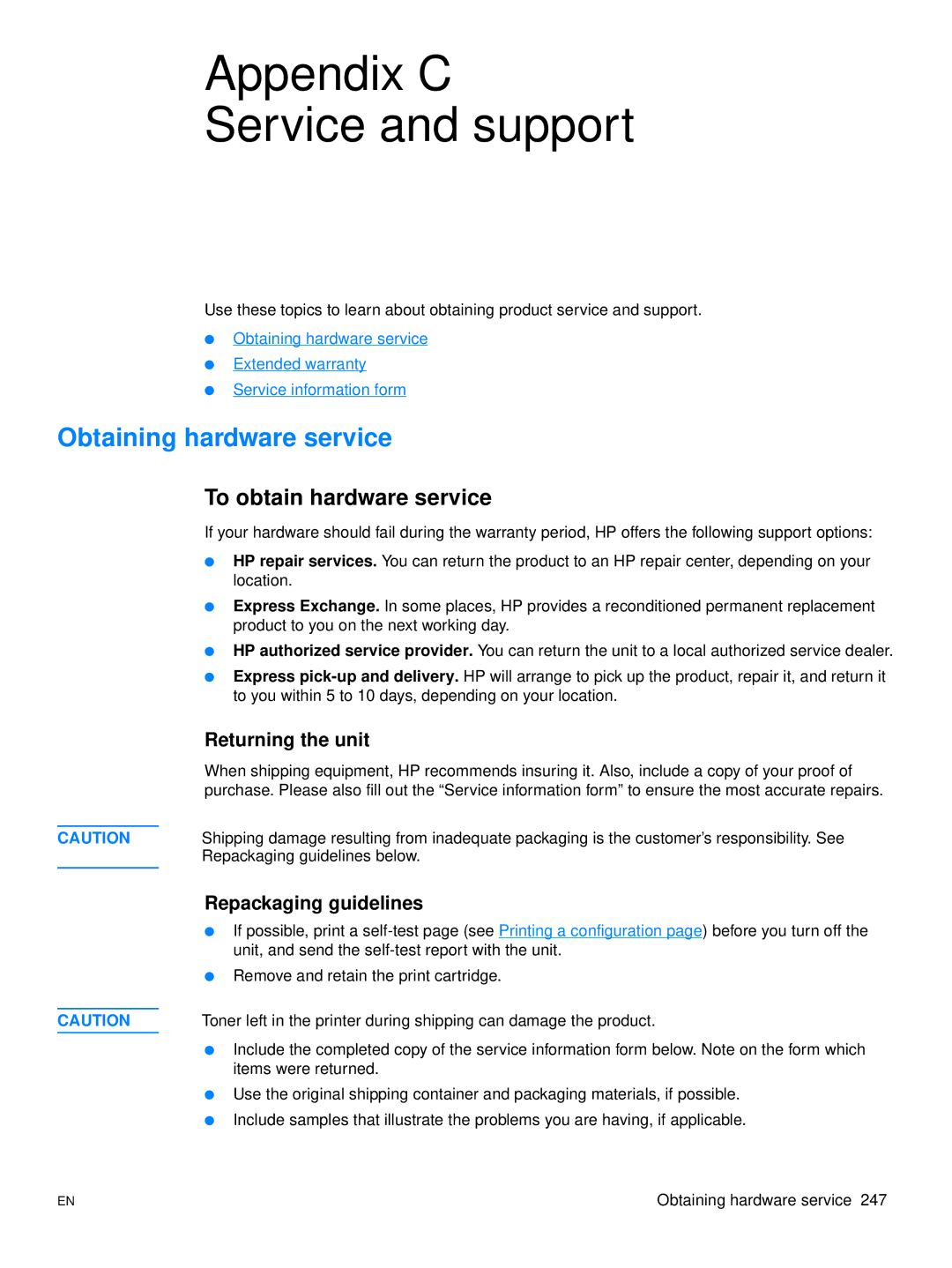 Hitachi 3300MFP Appendix C Service and support, Obtaining hardware service, To obtain hardware service, Returning the unit 