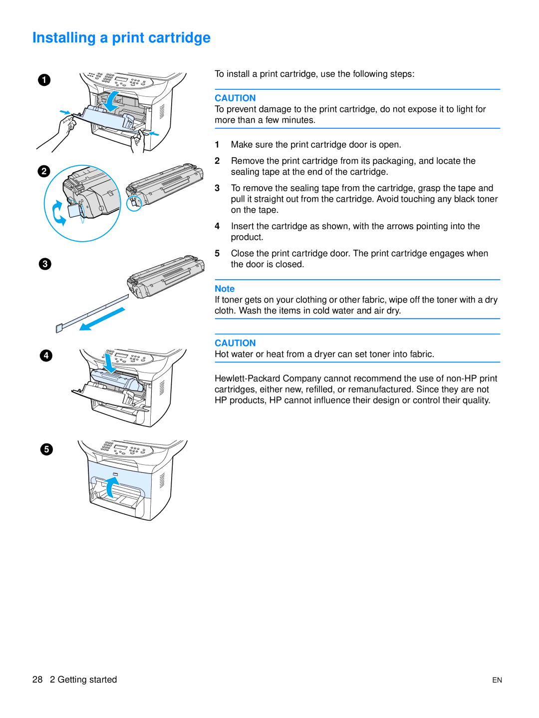 Hitachi 3300MFP manual Installing a print cartridge, Sealing tape at the end of the cartridge 